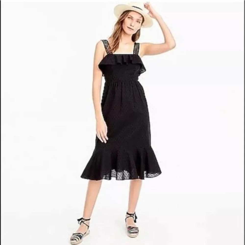 J Crew Swiss Dot Ruffle Flounce Midi Dress 4 Black Eyelet Strap Cotton Sundress